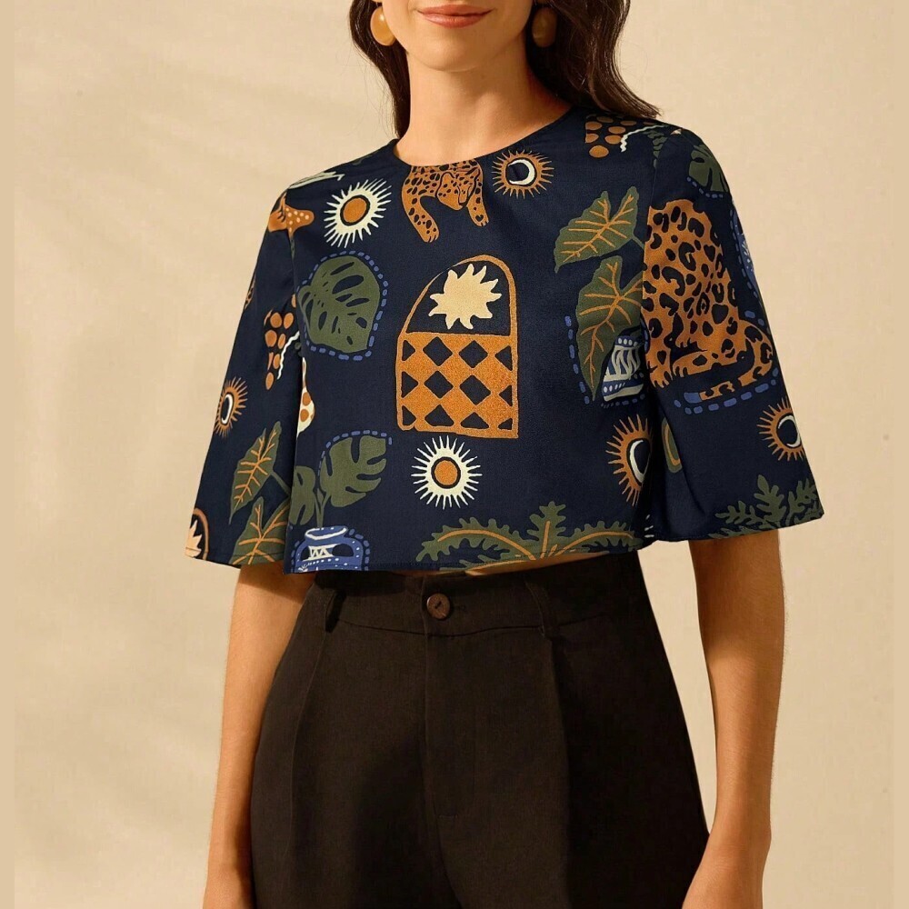 Navy Leopard & Botanical Print Bell Sleeve Crop Top